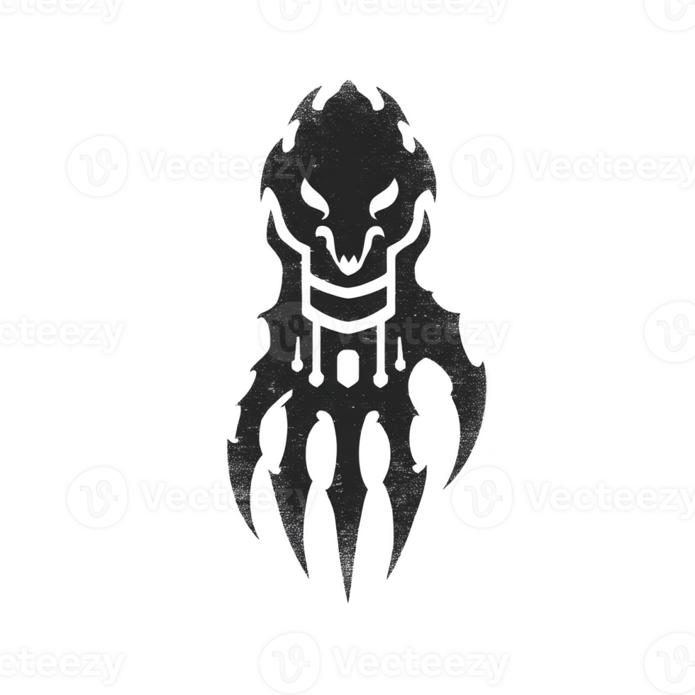 This features stylized, abstract design resembling fierce, mythical creature with sharp, claw like elements. design is monochromatic, emphasizing its bold and striking appearance.mythical creature png