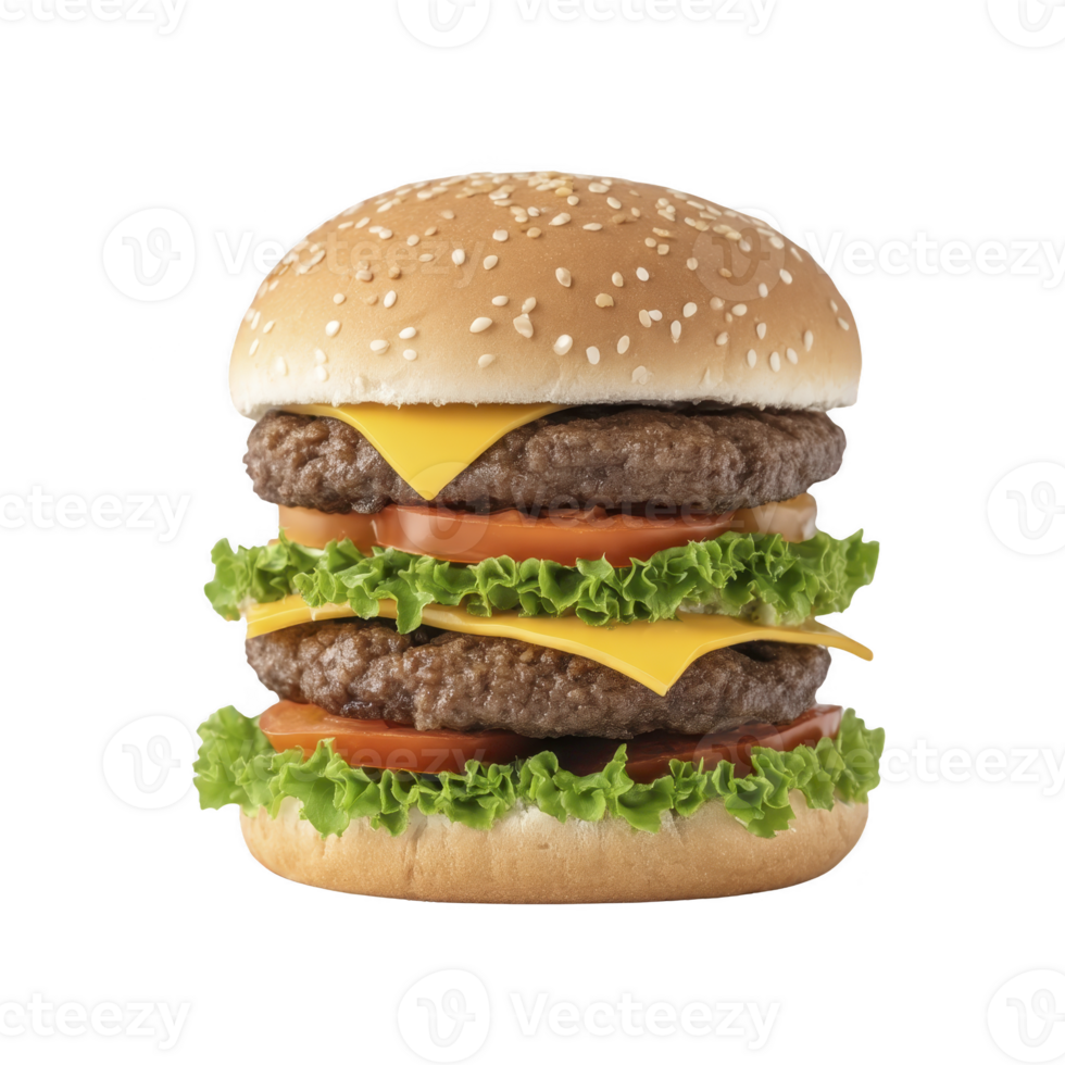Delicious double cheeseburger with two beef patties, melted cheese, fresh lettuce, and tomato slices, all sandwiched between sesame seed bun png