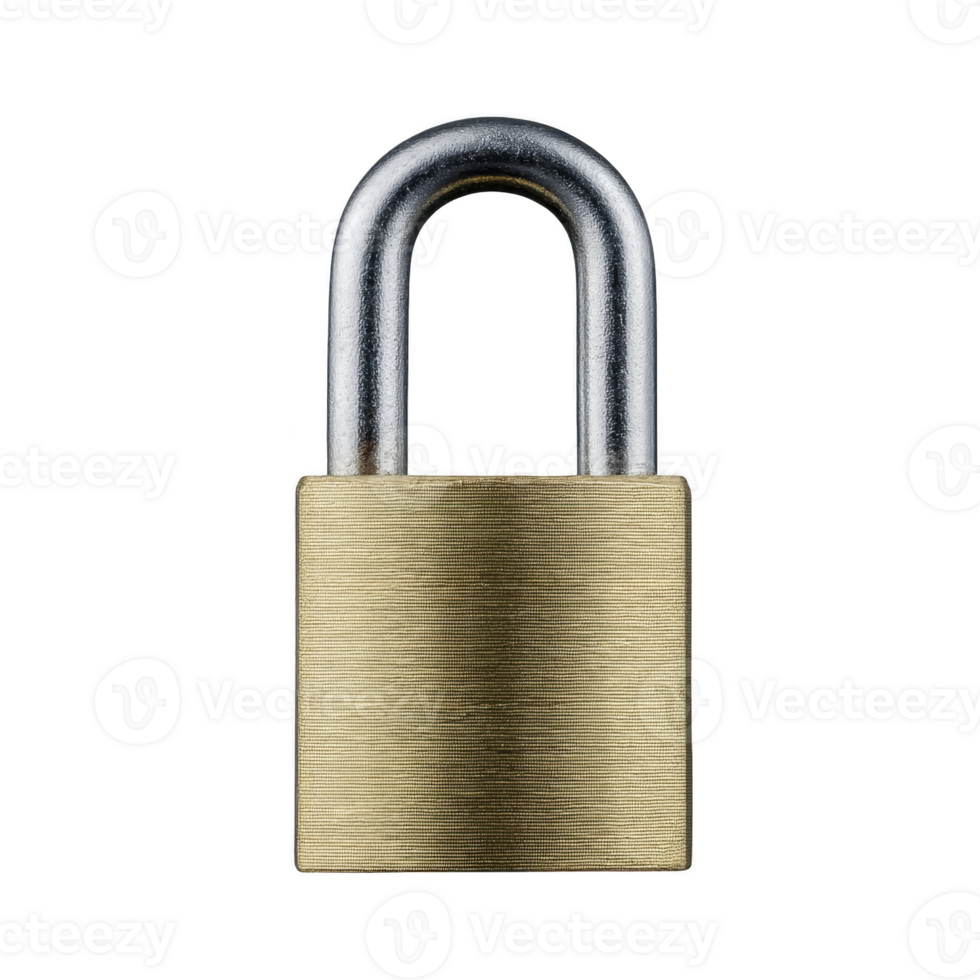 Brass padlock with silver shackle, symbolizing security and protection, isolated on transparency background. lock is closed, representing safety and privacy png