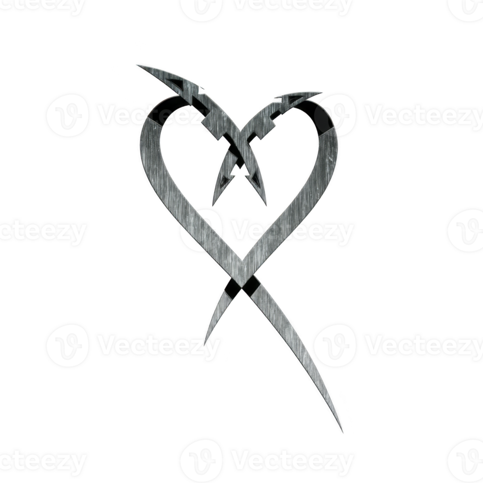 Metallic heart shaped design with intersecting lines and sharp edges, creating modern and edgy appearance. texture resembles brushed metal, adding sleek and industrial feel png