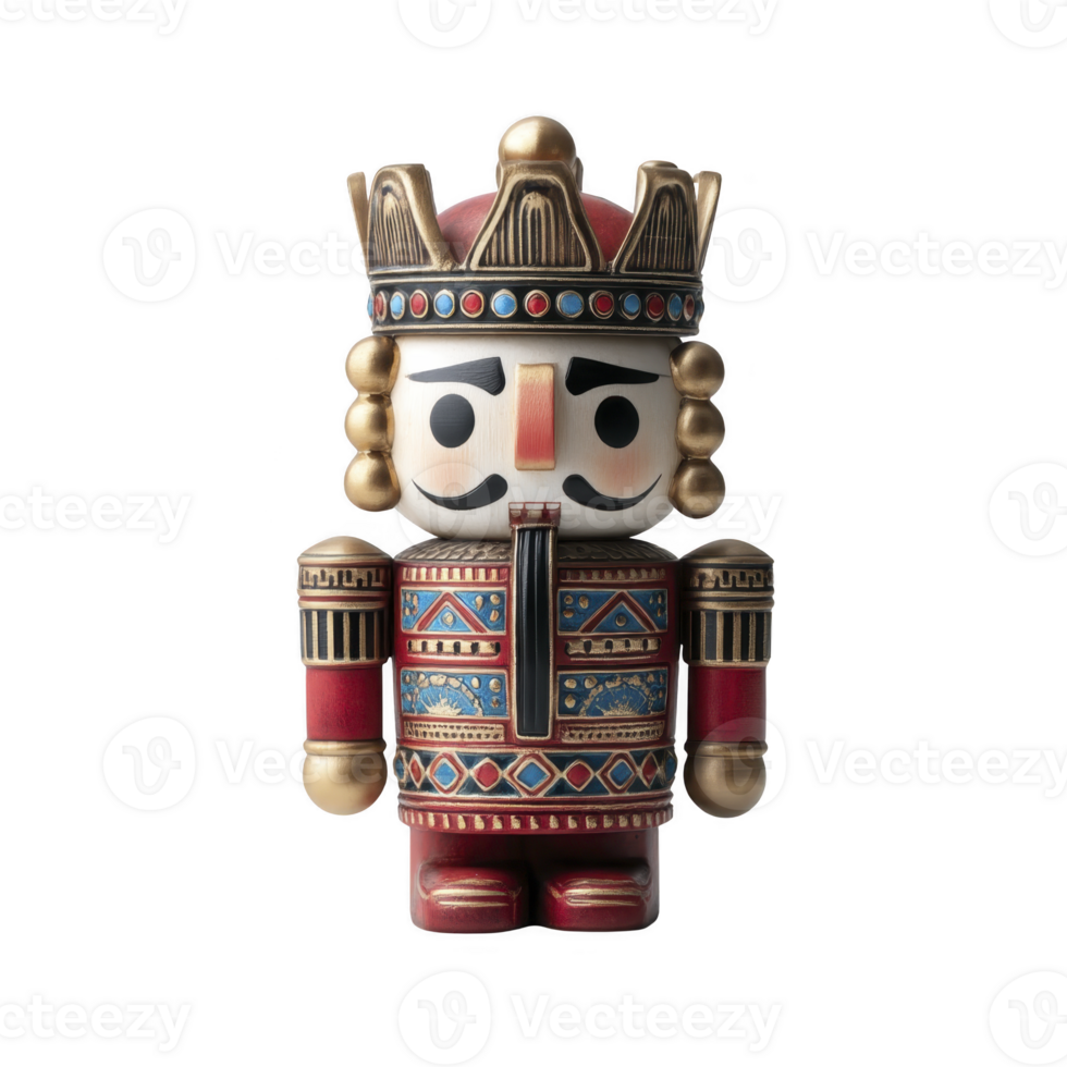 Decorative nutcracker figurine with regal design, featuring crown and intricate patterns, stands against plain background. vibrant colors and detailed craftsmanship evoke festive and traditional png