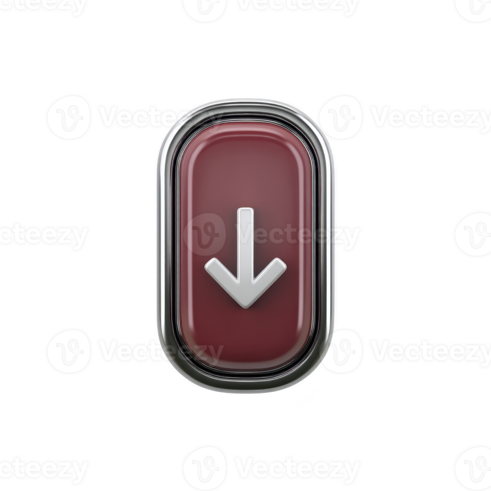 Shiny red button with metallic frame features downward pointing arrow, symbolizing download or decrease. button sleek design and reflective surface give it modern, digital appearance png