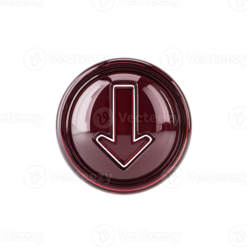 Glossy red button with downward arrow symbol, representing download or navigation. button has shiny, reflective surface, giving it modern and sleek appearance png