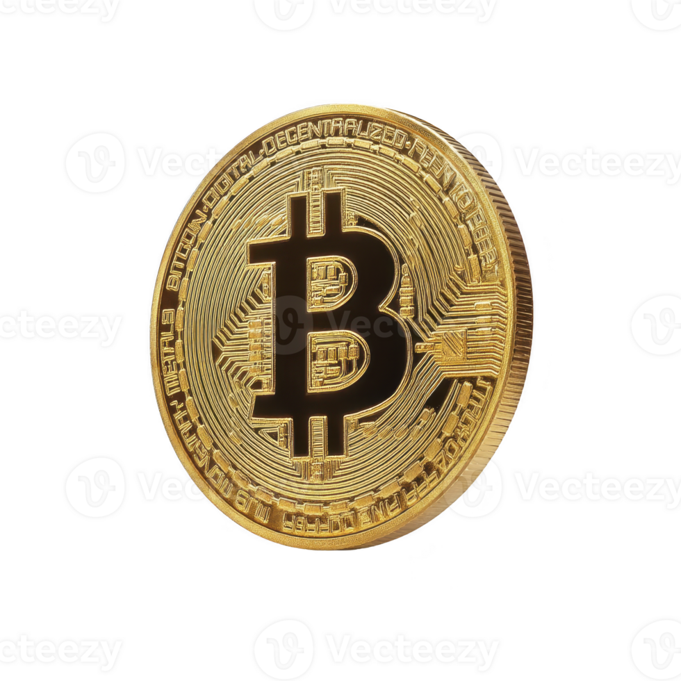 Shiny gold Bitcoin coin with prominent B symbol, representing digital currency and blockchain technology, isolated on transparency background png