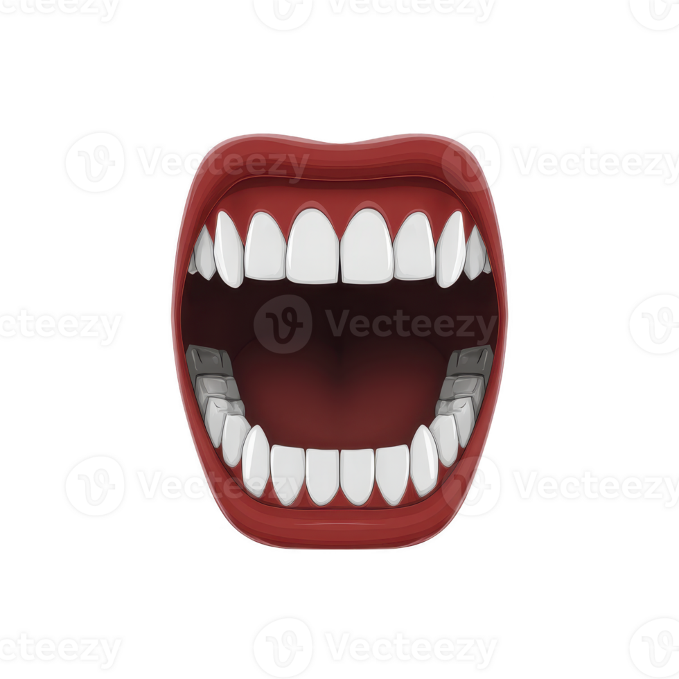 Digitally illustrated open mouth with white teeth and red lips, showcasing bold and expressive design. image highlights dental health and oral anatomy in stylized manner png