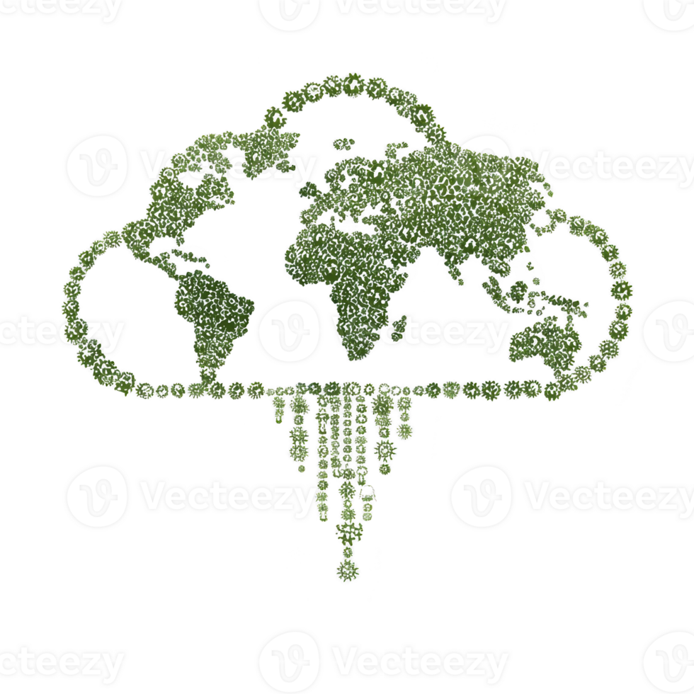 Cloud shaped world map made of green foliage symbolizes global connectivity and environmental sustainability. design creatively integrates nature with technology, emphasizing eco friendly png