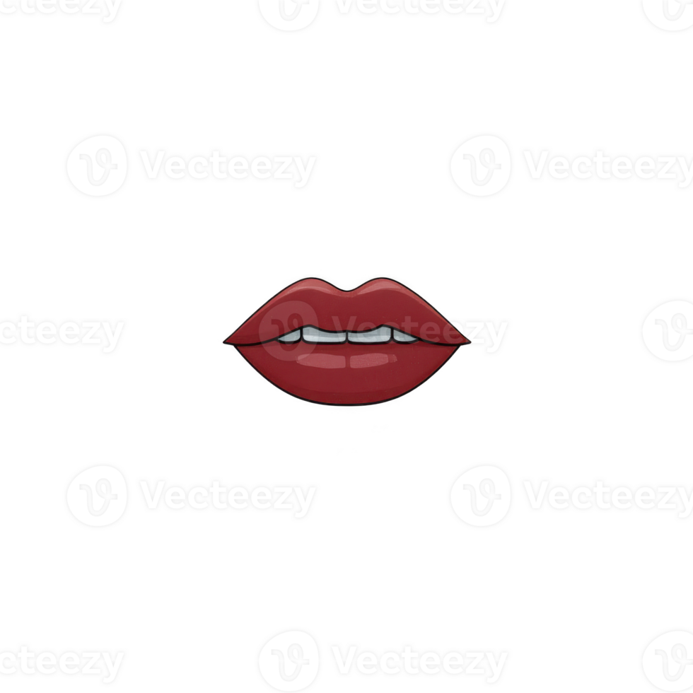 Pair of glossy red lips with playful expression, slightly parted to reveal white teeth, set against plain background. image conveys sense of boldness and style png
