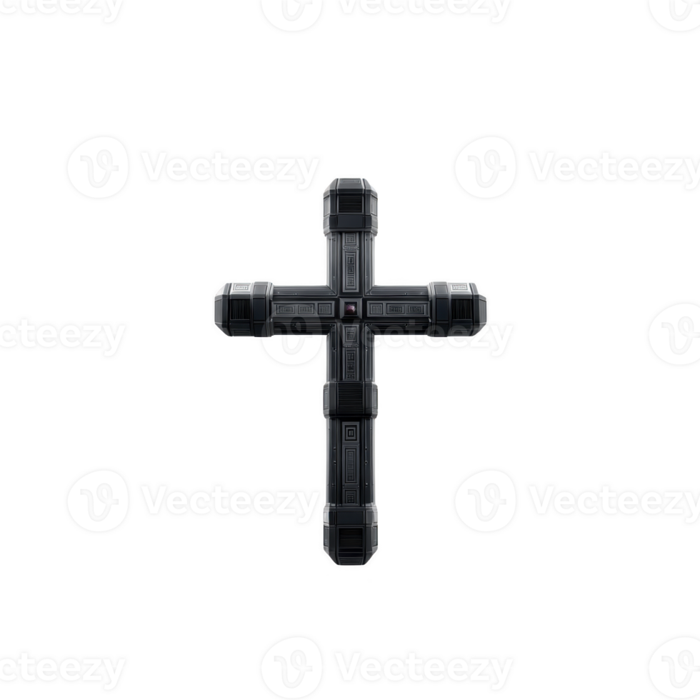 Futuristic black cross with sleek, metallic design, featuring intricate details and symmetrical structure, set against plain background png