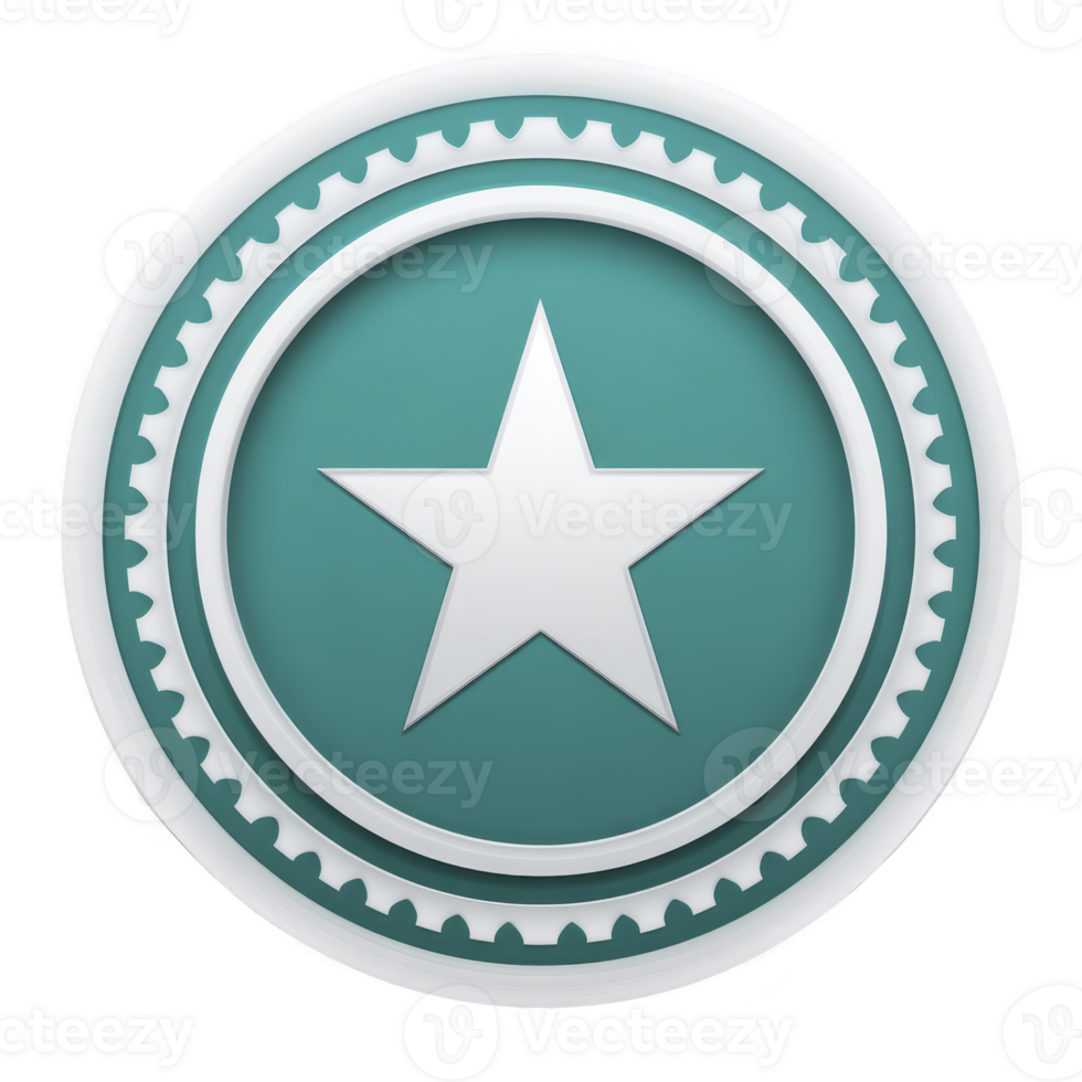 Teal circular emblem features prominent white star at its center, surrounded by decorative gear like border, conveying sense of achievement or recognition png