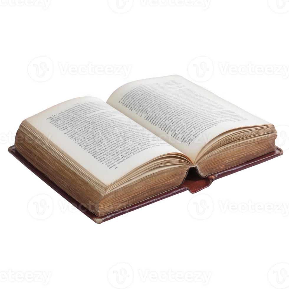 Open book with visible text on its pages, resting on flat surface. book has brown cover and slightly aged pages, suggesting it might be classic or vintage edition png