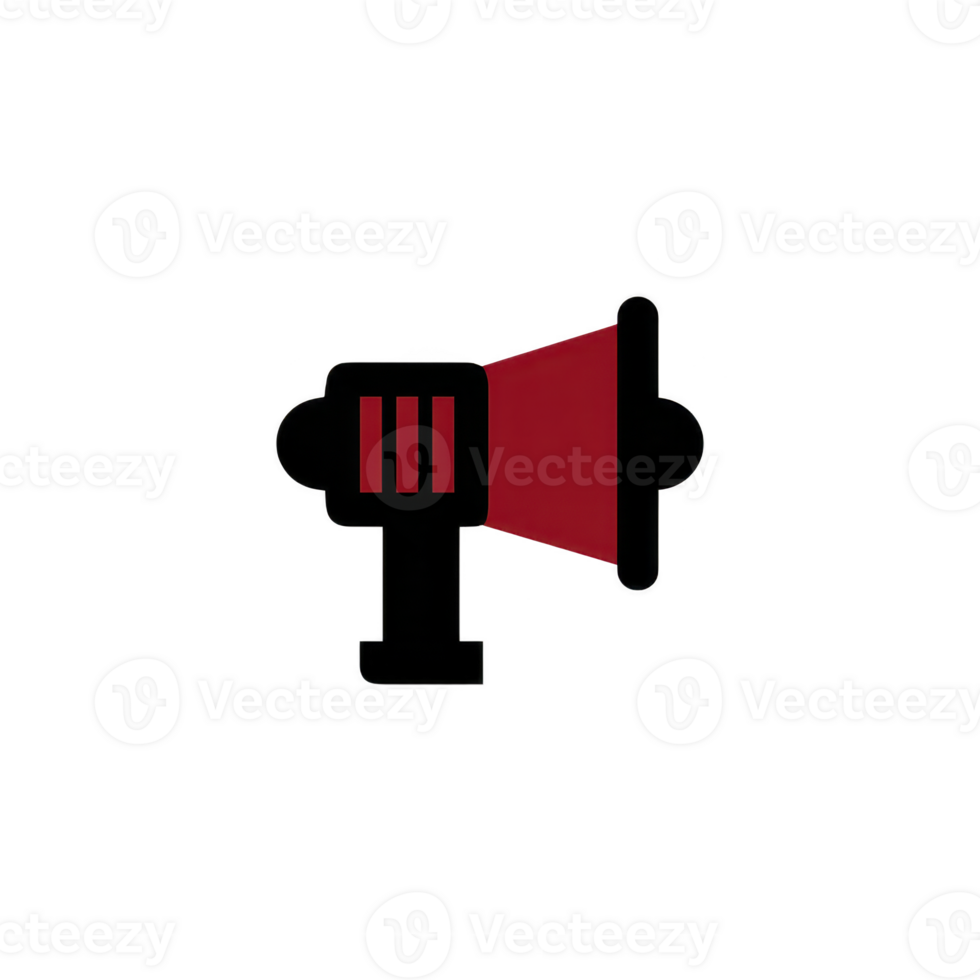 Red and black megaphone icon symbolizes communication and announcement. simple design features red cone and black handle, conveying message of alertness png