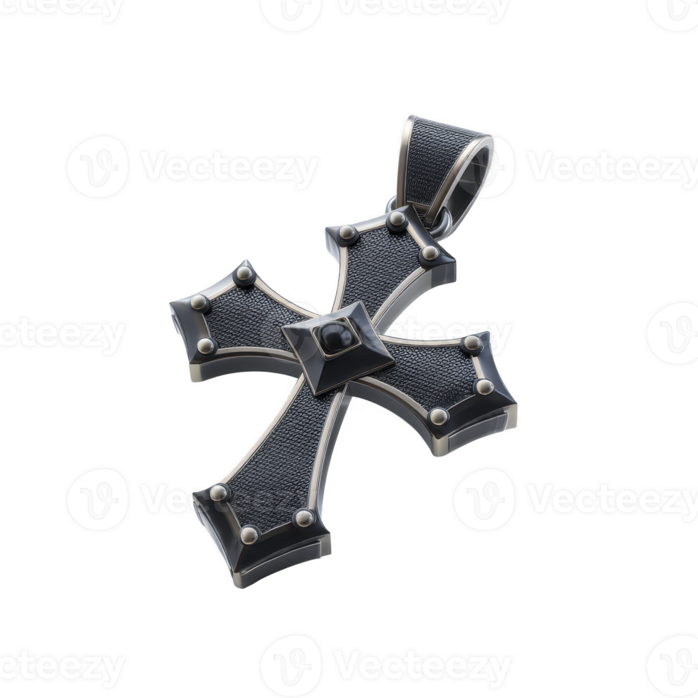 Black and silver cross pendant with textured surface and metallic accents, designed for necklace. pendant features loop for attaching to chain, showcasing modern and stylish look png