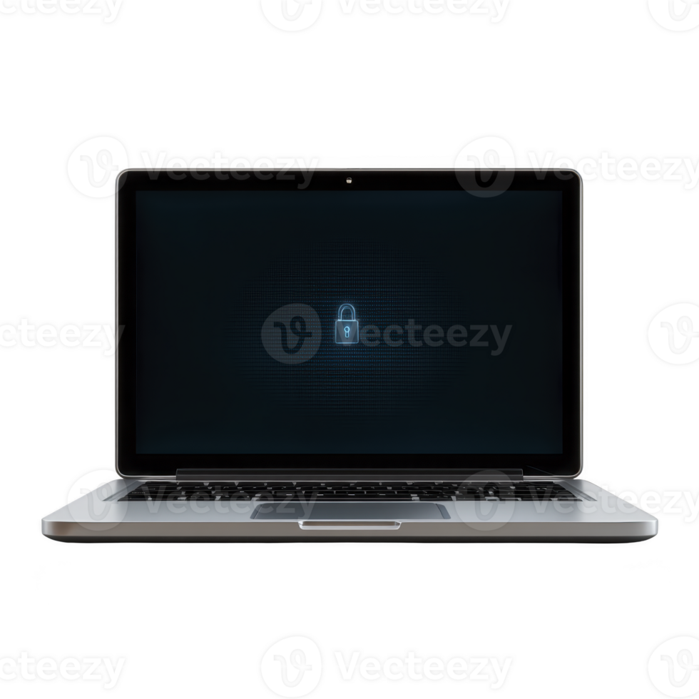 Laptop with locked screen displays blue padlock icon, symbolizing security and data protection. sleek design and modern technology emphasize privacy and cybersecurity png