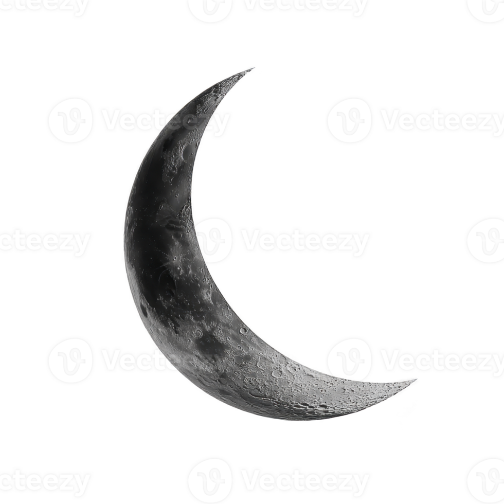 Crescent moon with detailed craters and transparency background creates serene and mysterious atmosphere. moon surface texture is clearly visible, highlighting its natural beauty png