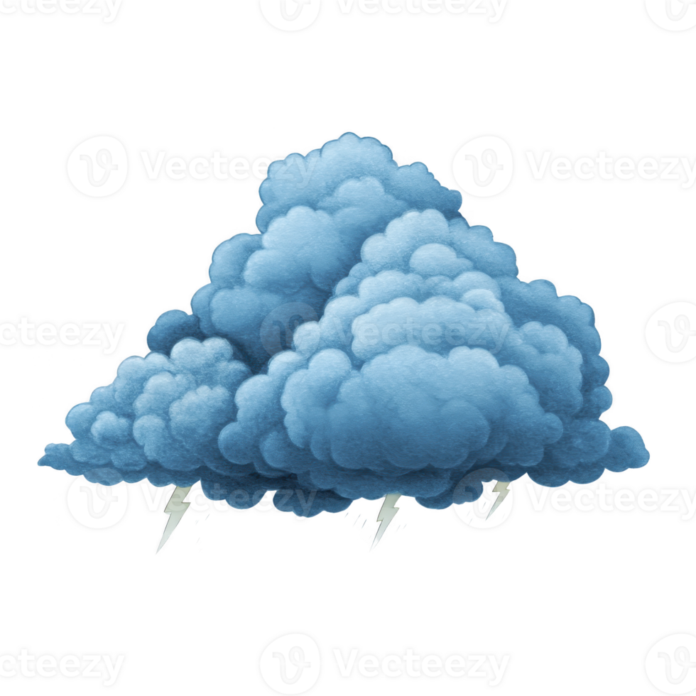 Fluffy blue cloud with lightning bolts underneath, symbolizing stormy weather concept. cloud appears soft and textured, contrasting with sharp, bright lightning png