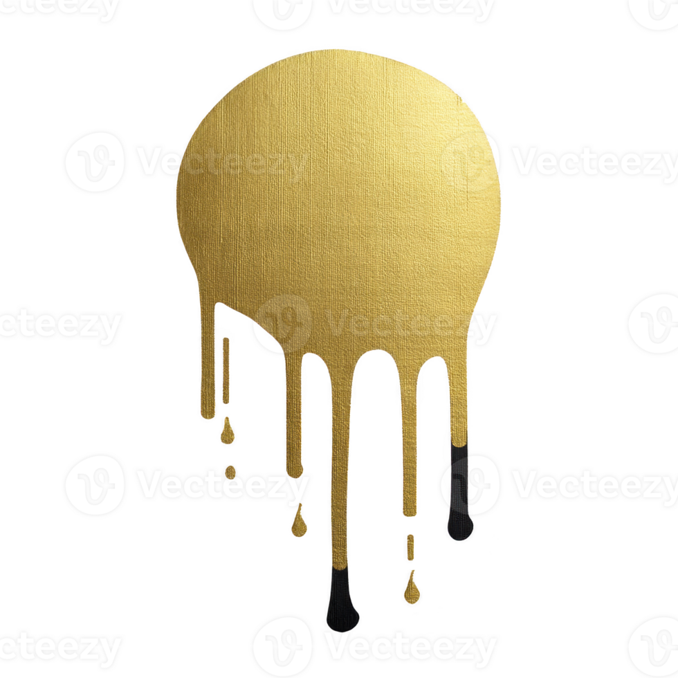 Golden paint drip forms circular shape with textured surface, creating artistic and abstract design. metallic sheen and flowing drips add sense of movement and creativity png