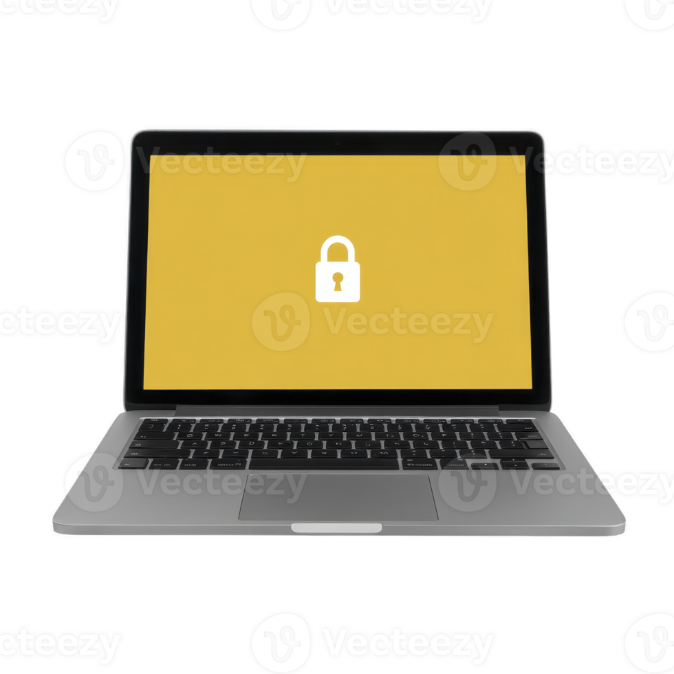 Laptop with yellow screen displays lock icon, symbolizing cybersecurity and data protection. image conveys sense of security and privacy png