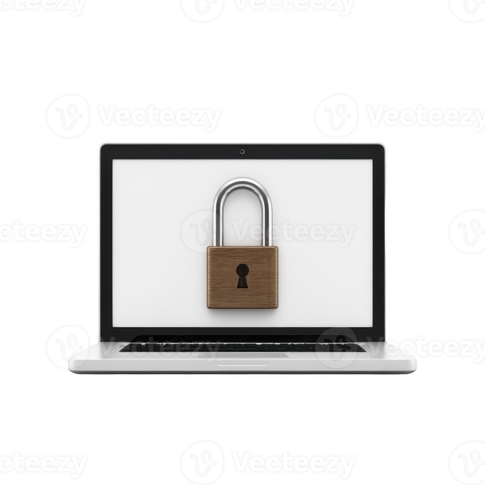 Laptop with large padlock on screen symbolizes cybersecurity and data protection, emphasizing importance of secure digital environments png