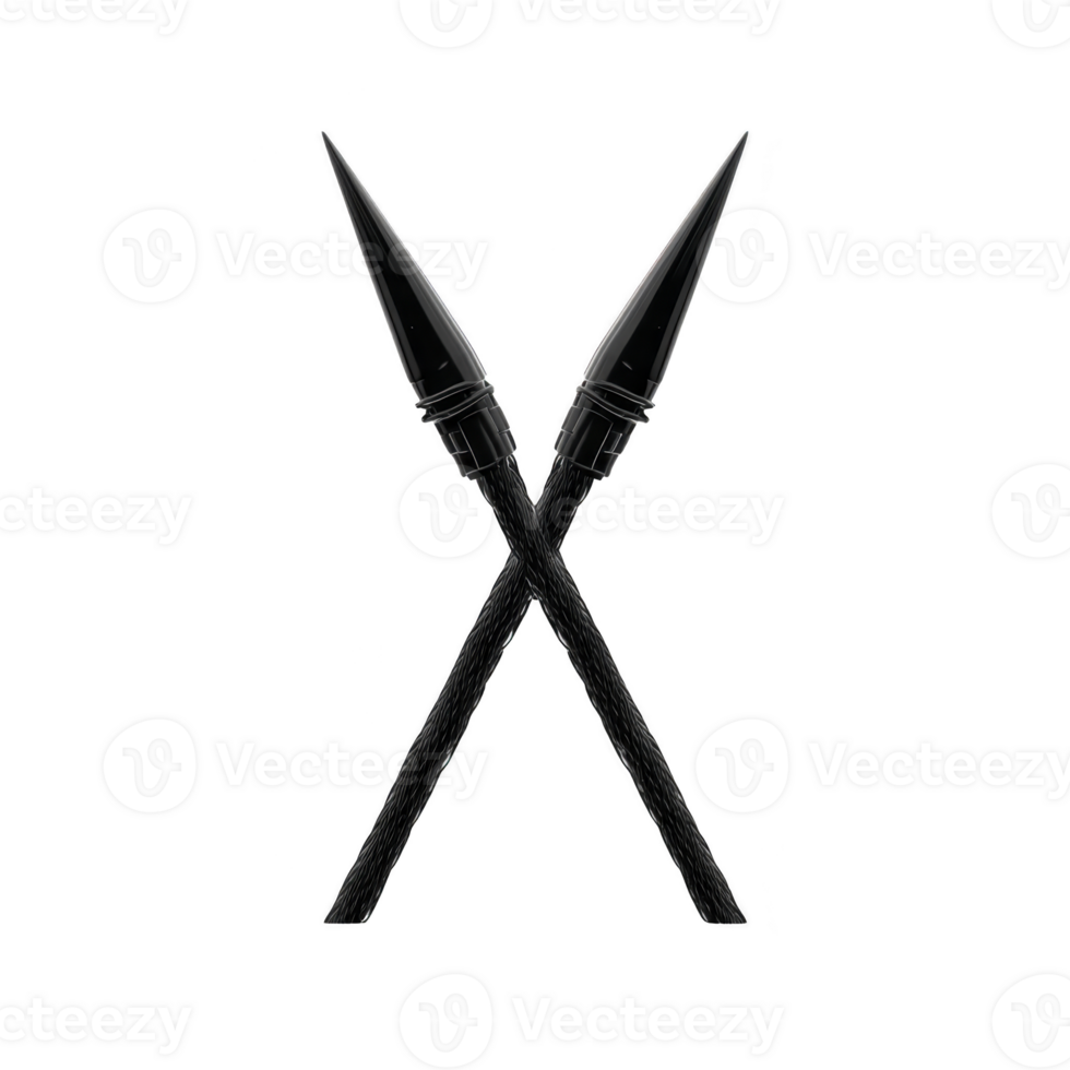 Two crossed black spears with pointed tips are depicted against transparent background, symbolizing strength and unity. minimalist design emphasizes sharpness and symmetry of weapons png