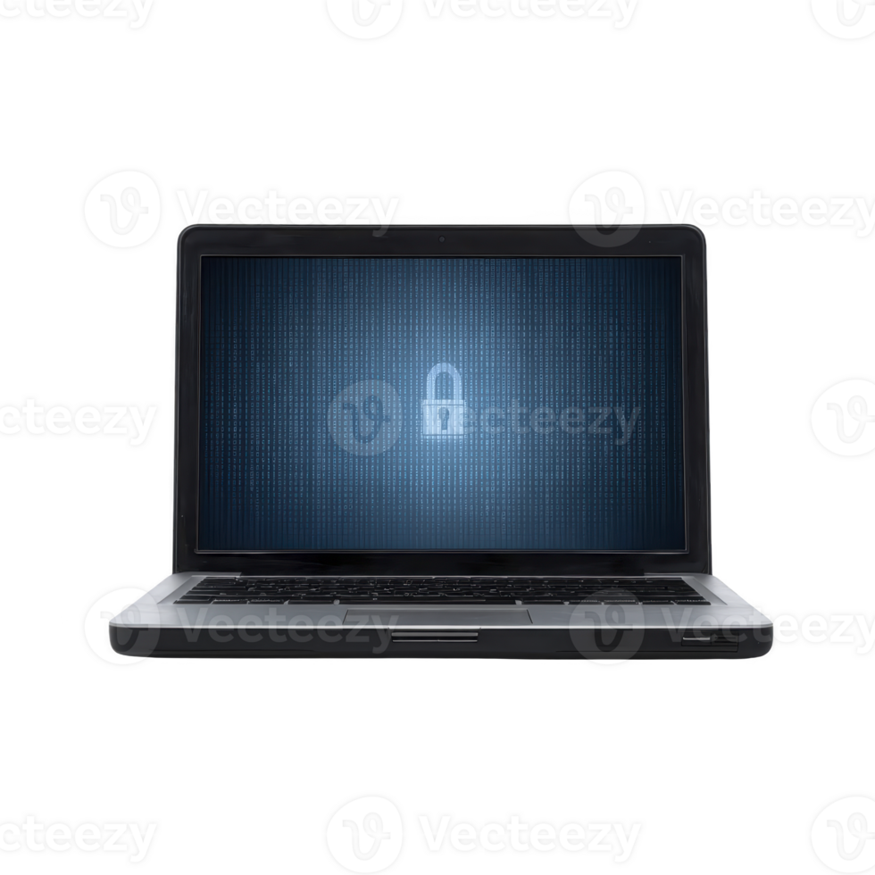 Laptop displaying digital lock symbol on screen, representing cybersecurity and data protection. blue background with binary code emphasizes theme of secure technology png