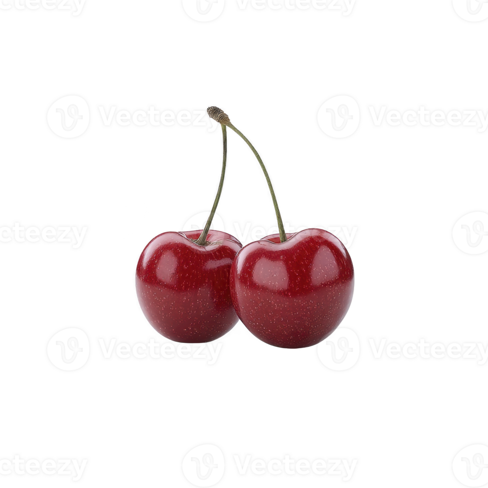 Two ripe red cherries with stems are shown against plain background, highlighting their glossy texture and vibrant color. cherries appear fresh and juicy, perfect for summer treat png