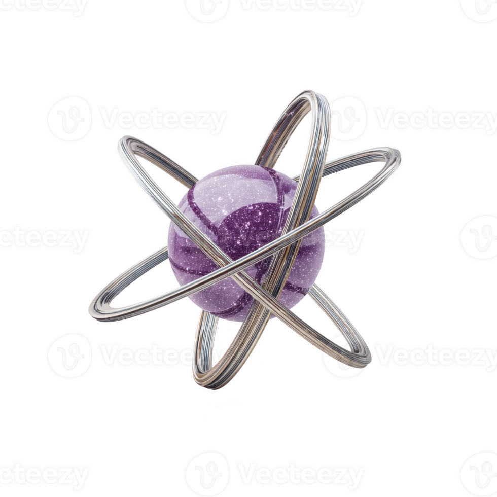 Purple glittery sphere is encircled by metallic rings, resembling abstract atomic model, set against transparency background. design is futuristic and visually striking png