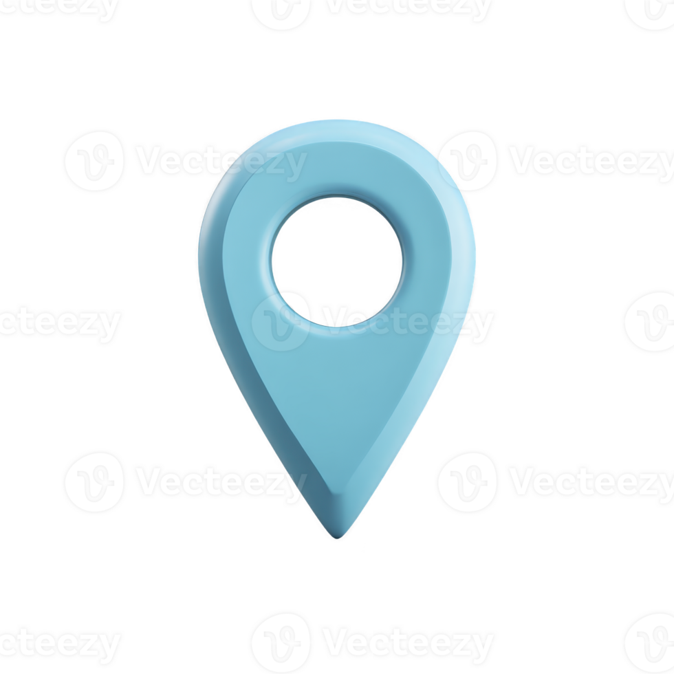 Blue 3D map pin icon is depicted, symbolizing location or navigation. design is simple and modern, with circular hole in center, set against transparent background png