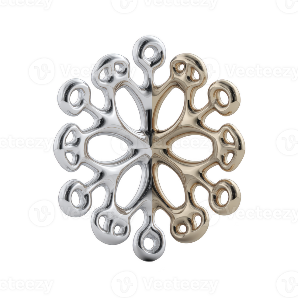 This features symmetrical, metallic abstract sculpture with dual tone design silver and gold, resembling snowflake or floral pattern. intricate loops and curves create modern and artistic png