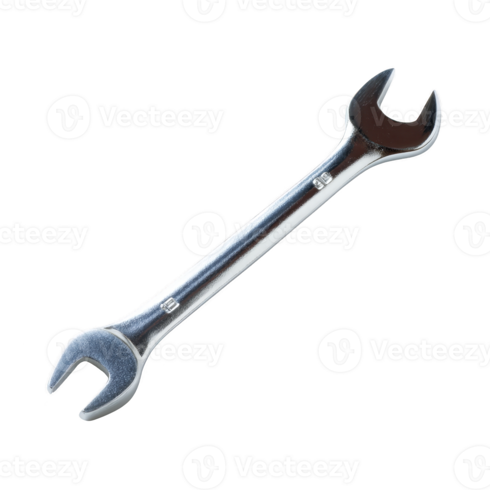 Shiny metal wrench with open ends, used for tightening or loosening nuts and bolts, is displayed against transparency background. tool is essential for mechanical and repair tasks png