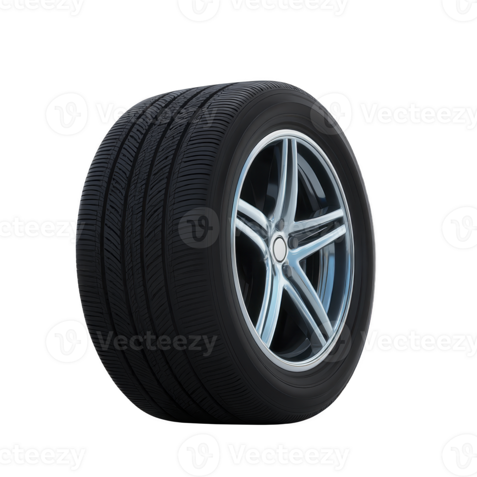 Sleek car tire with shiny alloy wheel, showcasing modern design and deep tread pattern, ideal for high performance vehicles. image highlights tire durability and style png