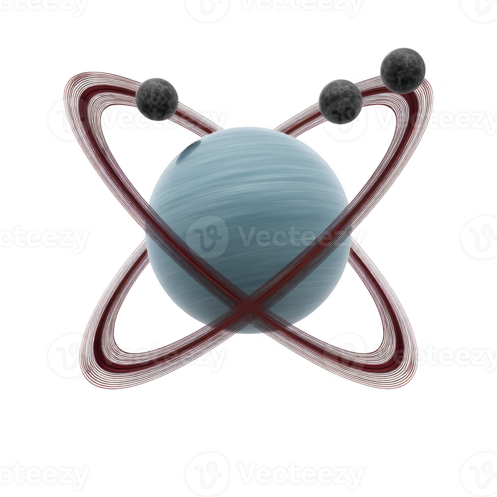 Stylized illustration of blue planet with rings and orbiting moons, resembling futuristic or fictional celestial body. design is sleek and modern, evoking sense of wonder and exploration png