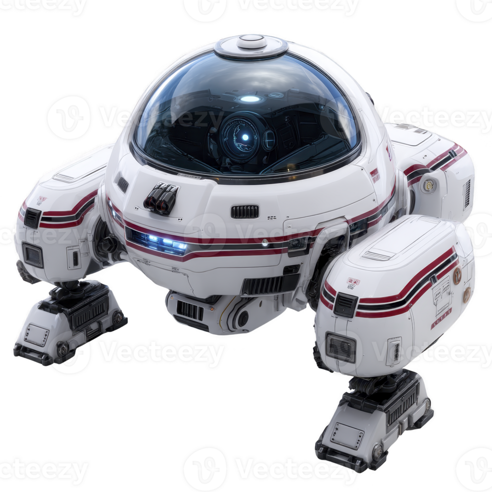 Futuristic white robot with transparent dome and mechanical legs stands ready for exploration. Its sleek design features red stripes and advanced technology, evoking sense of innovation png