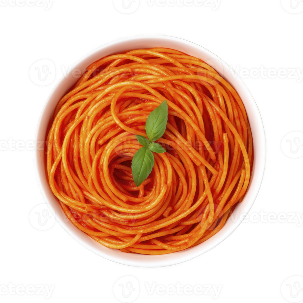 Bowl of spaghetti with vibrant red tomato sauce is garnished with fresh basil leaves, creating appetizing and colorful presentation png