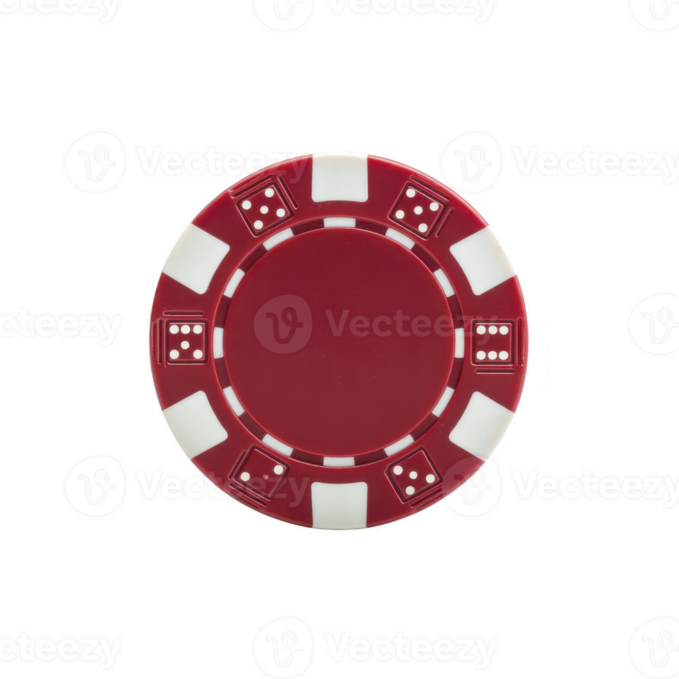 Red and white poker chip with dice patterns is centered on plain background, symbolizing gambling and casino games. chip design is simple yet striking png