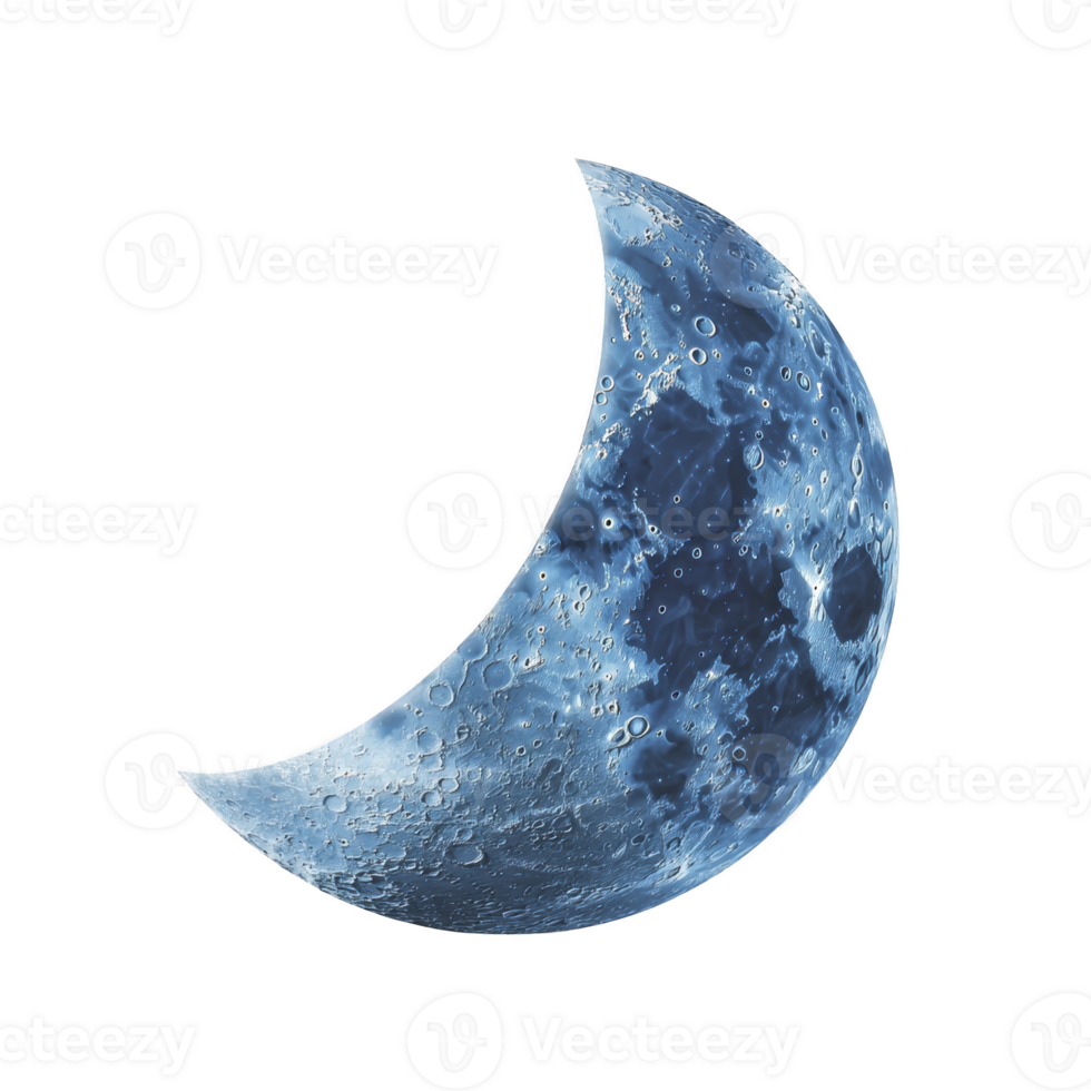 Crescent moon with blue tint and detailed craters set against transparency background, evoking sense of mystery and wonder png