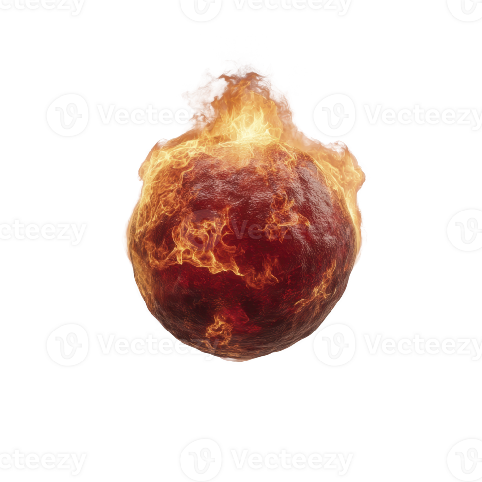 Fiery, burning sphere with intense flames and textured surface, resembling meteor or fireball, isolated on transparency background png