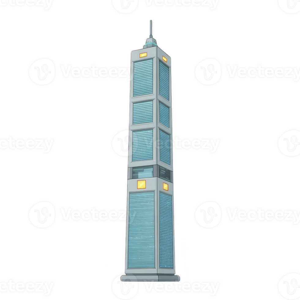 Tall, modern skyscraper with unique design and antenna on top, featuring blue and gray panels and illuminated windows, stands against clear background png