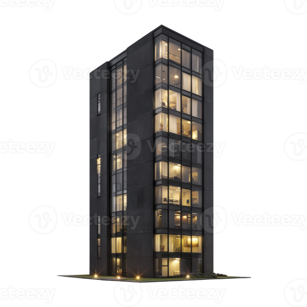 Modern, illuminated high rise building with glass windows stands against transparency background, showcasing its architectural design and urban setting. structure exudes contemporary and sleek png