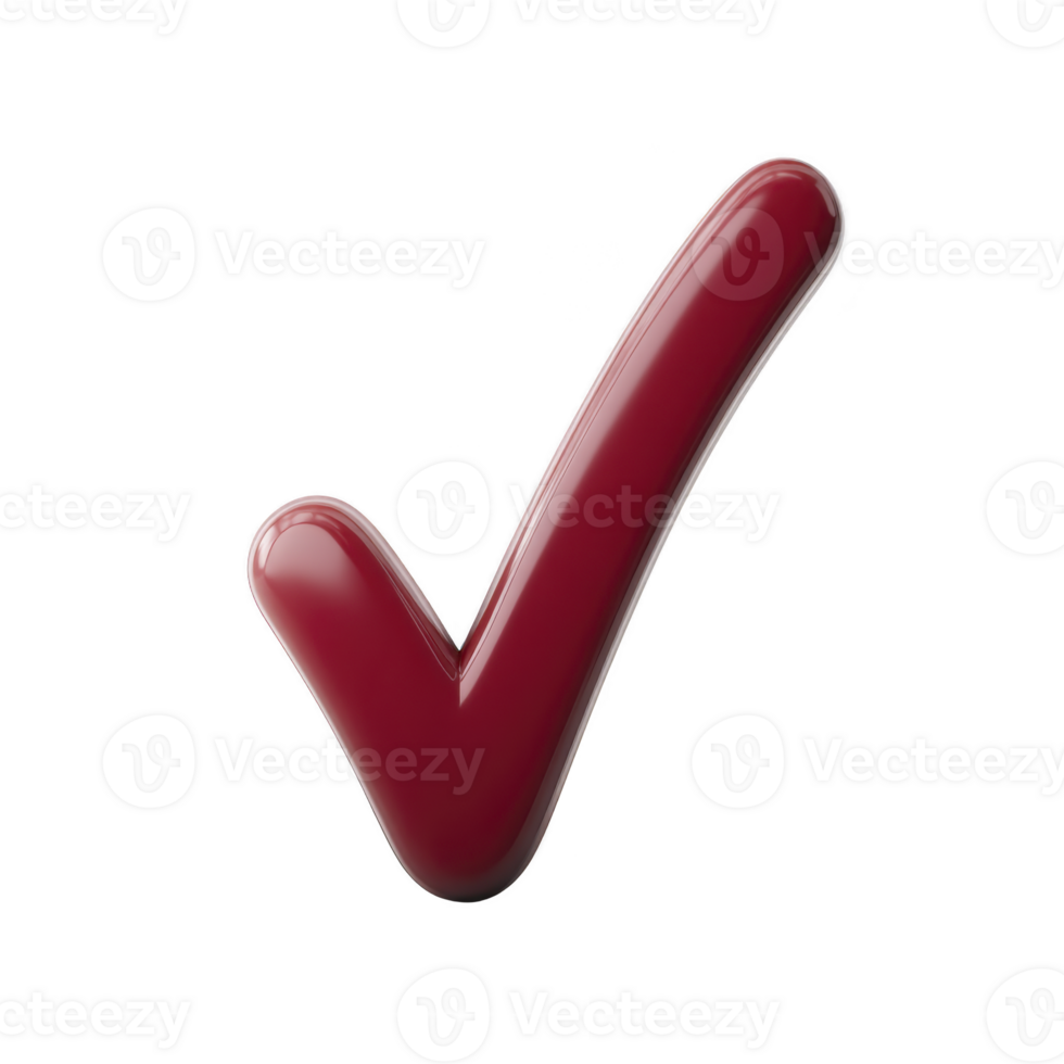 Glossy red check mark symbol on transparent background, representing approval or completion. shiny finish adds modern touch, making it suitable for digital use png
