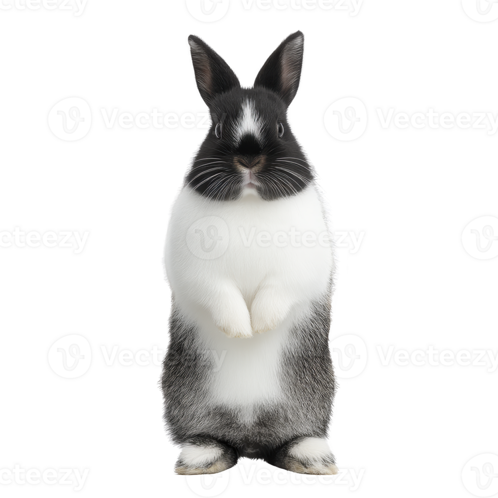 Cute black and white rabbit stands upright, showcasing its fluffy fur and alert ears. rabbit curious expression adds charm to its appearance png