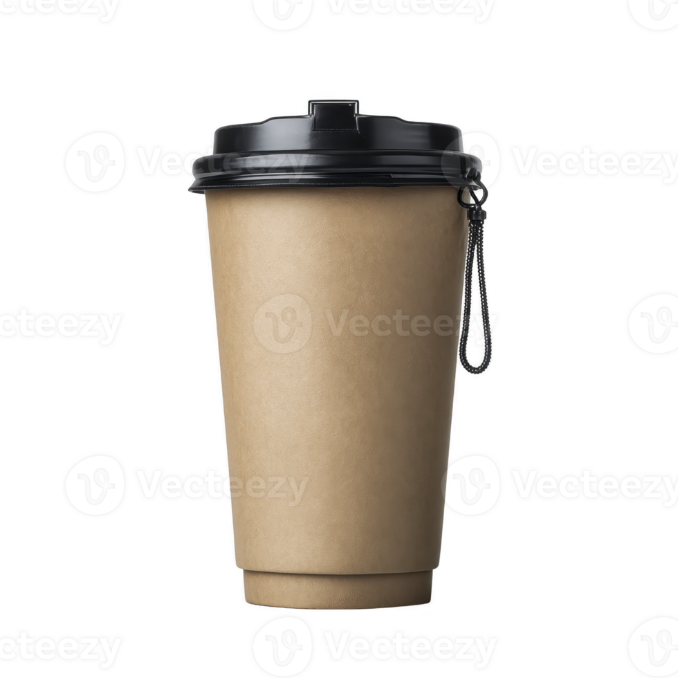 Brown disposable coffee cup with black plastic lid stands against transparency background, showcasing simple and eco friendly design png