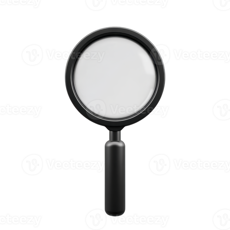 Magnifying glass with black handle and circular lens is shown against transparency background, symbolizing exploration and discovery. simple design highlights its functionality png