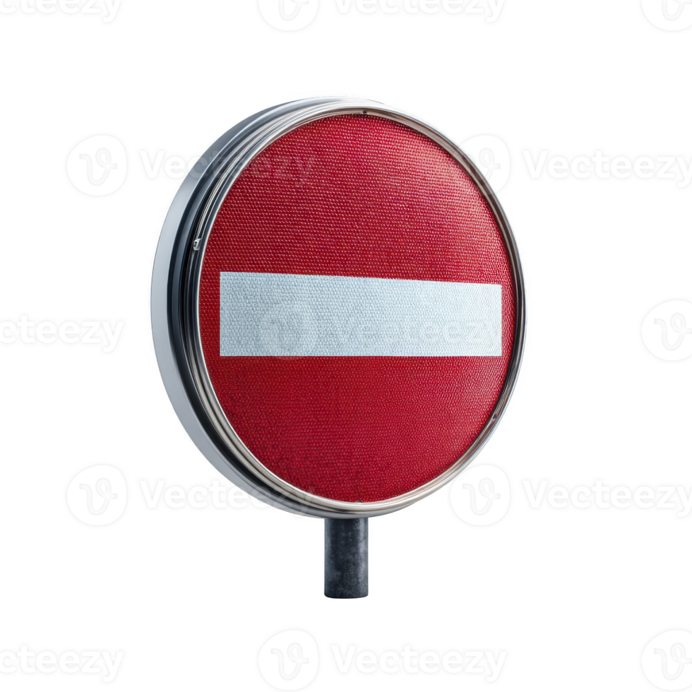 Round red no entry traffic sign with white horizontal bar, isolated on transparency background. sign is used to indicate restricted access or prohibited entry in certain areas png