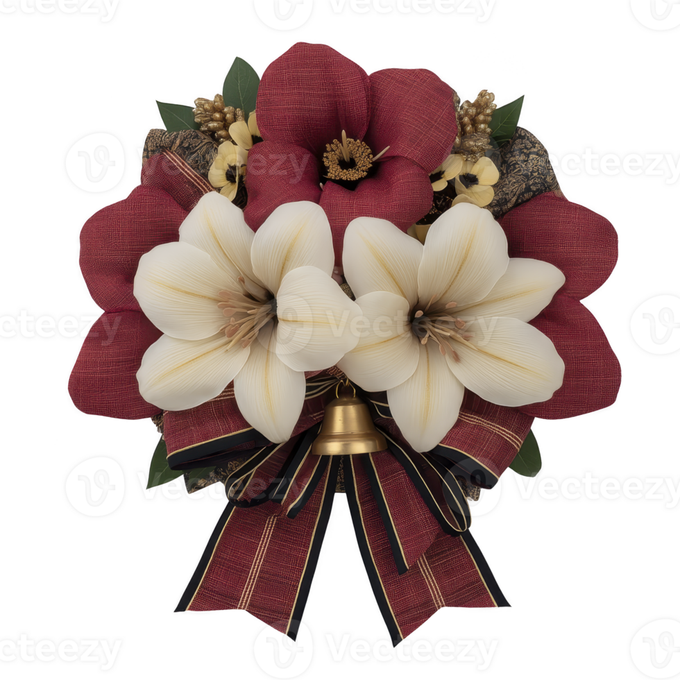 Beautiful floral arrangement featuring red and white flowers with decorative ribbon and bell, creating elegant and festive display png