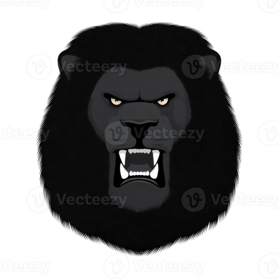 Fierce black lion head illustration with bared teeth and intense eyes, showcasing strength and power. dark mane adds to dramatic and bold appearance png