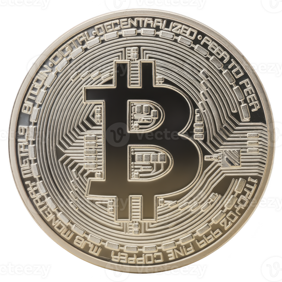 Shiny gold Bitcoin coin with intricate circuit patterns symbolizes digital currency and blockchain technology. coin features iconic Bitcoin logo, representing decentralized finance png