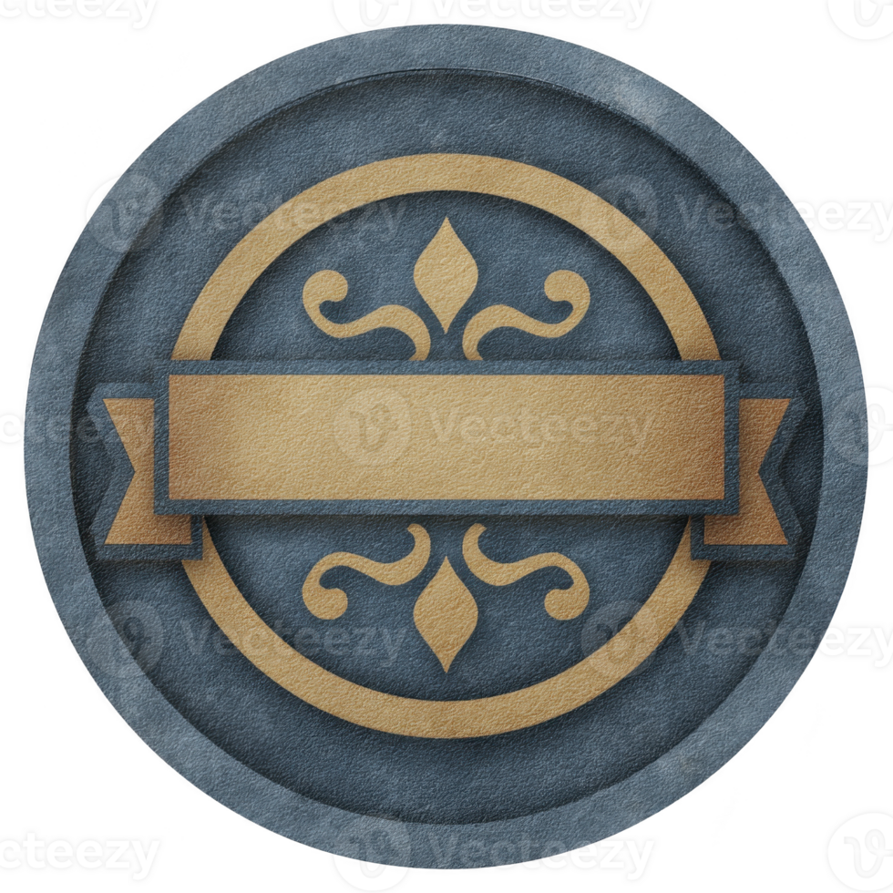 Round, vintage style emblem with blank gold banner and ornate design on textured blue background, evoking sense of elegance and tradition png
