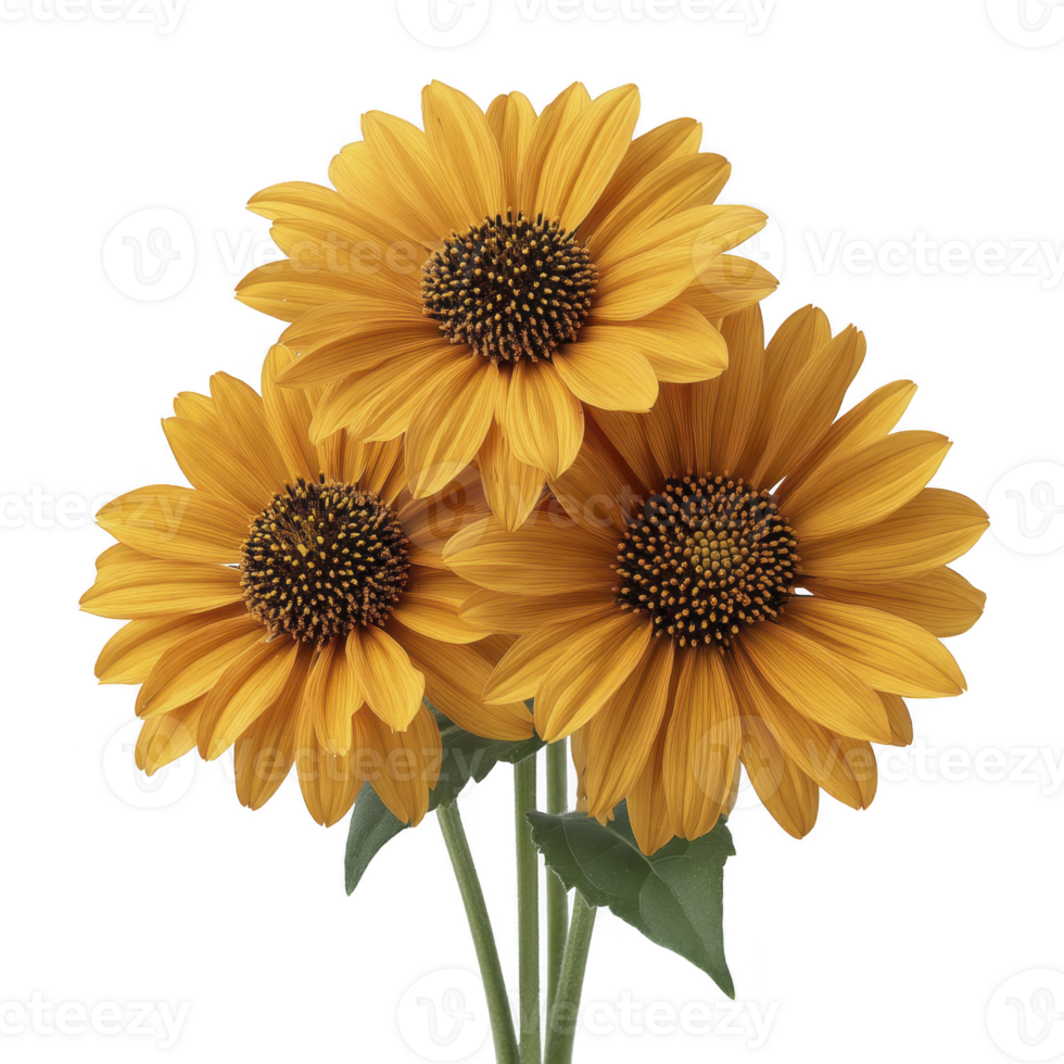 Three vibrant sunflowers with lush green leaves are beautifully arranged, showcasing their bright yellow petals and dark centers. cheerful display evokes sense of warmth and happiness png