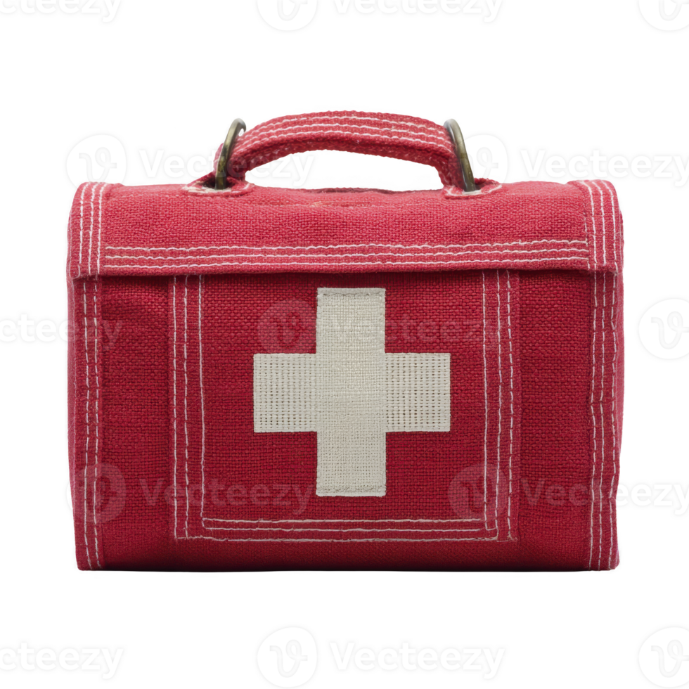 Red first aid kit with white cross symbol is displayed, featuring sturdy handle and visible stitching. kit is designed for emergency medical supplies and is portable png