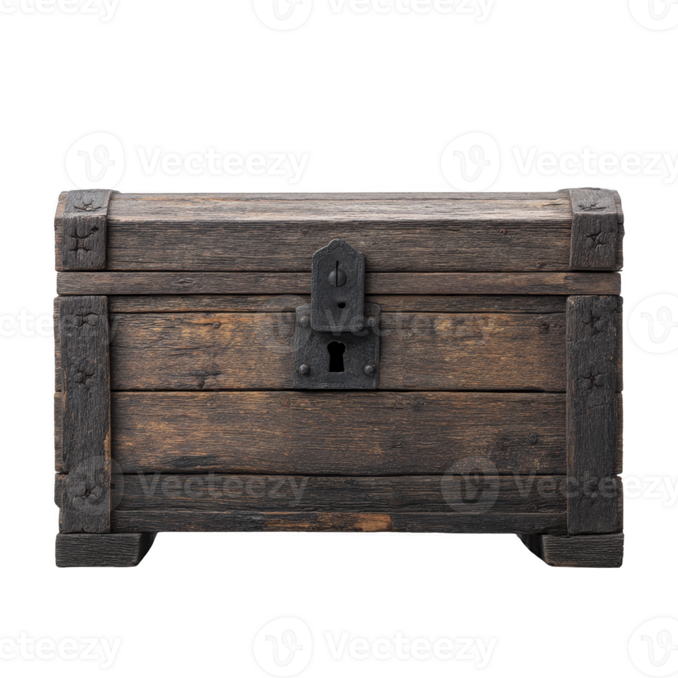 Rustic wooden treasure chest with metal accents and vintage lock, evoking sense of mystery and adventure. aged wood and sturdy design suggest historical significance png